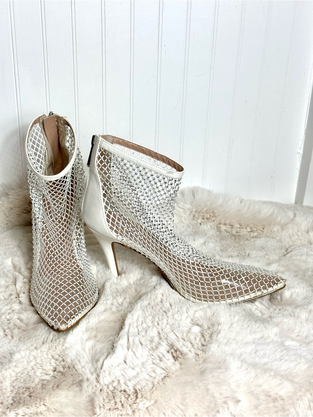Women's White Mesh Rhinestone Pointed-Toe Ankle Boots by Charles
